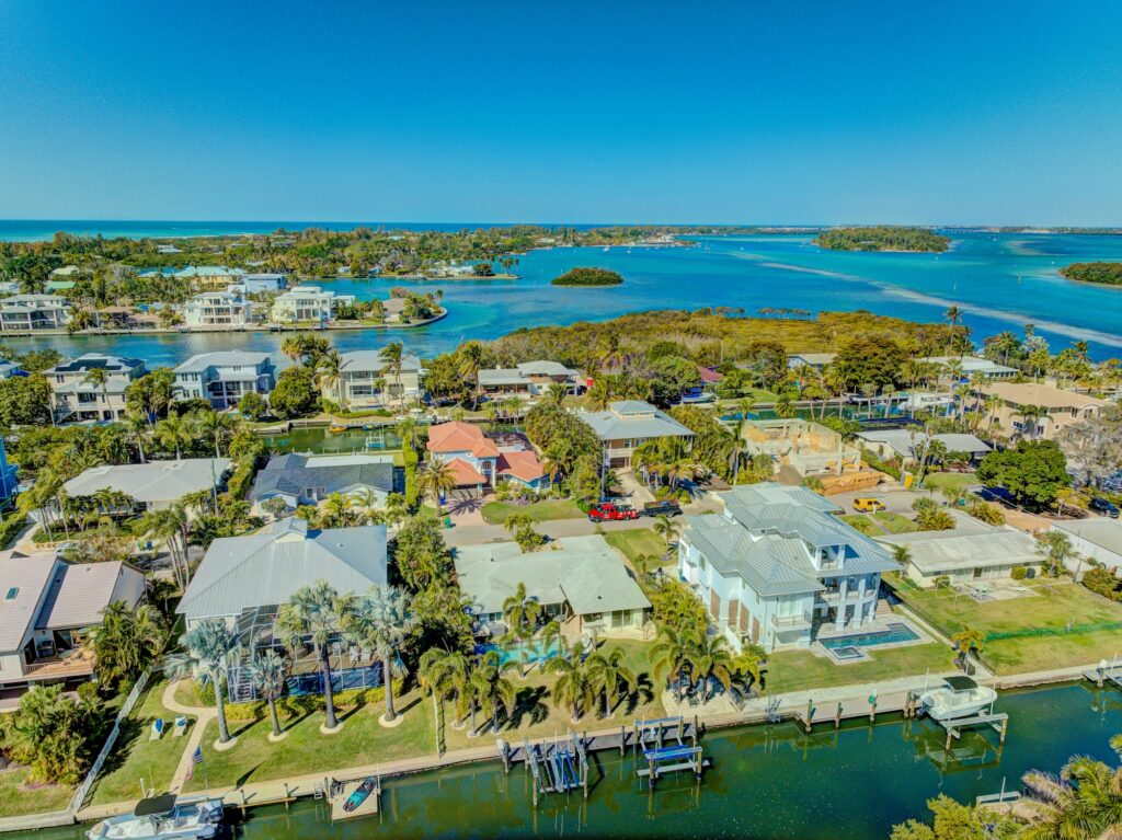 Sleepy Lagoon aerial view of homes and Sarasota Bay