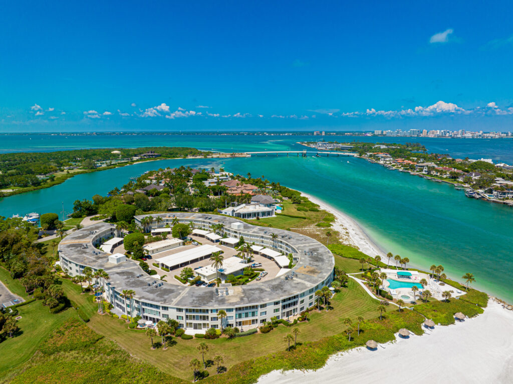 Aerial view of Sands Point condominium Longboat Key, Florida.